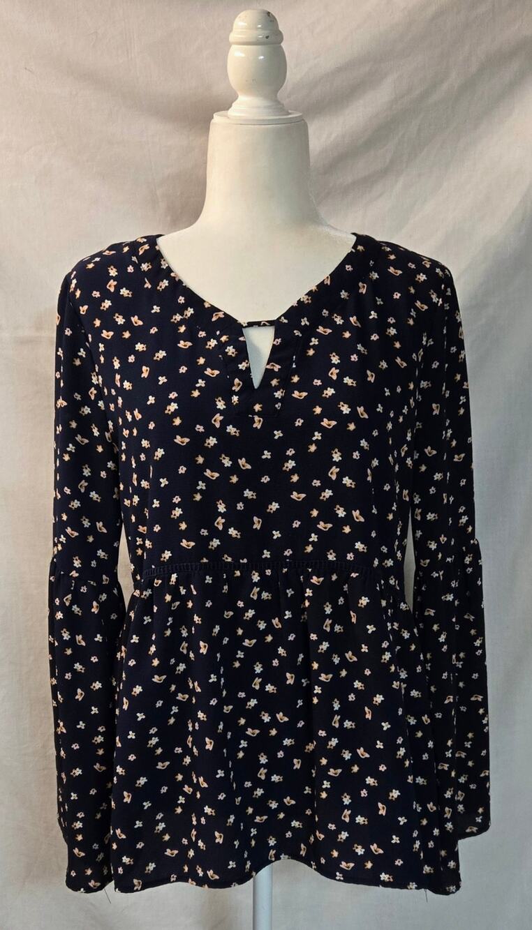 Copper Key Boho Navy Blue Floral Blouse Cottage Core Top Bell Sleeves XL Shirt